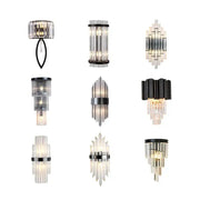 Modern black and crystal wall lamp featuring clear glass prisms and metal frame for living room decorbites crystal wall
