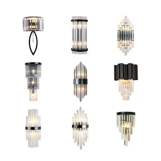 Modern black and crystal wall lamp featuring clear glass prisms and metal frame for living room decorbites crystal wall