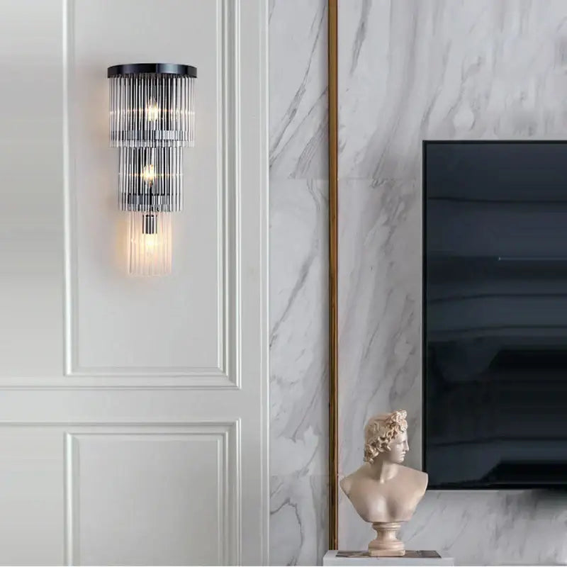 Modern black wall lamp with crystal cascading glass prisms decorbites crystal wall lamp for living room decor