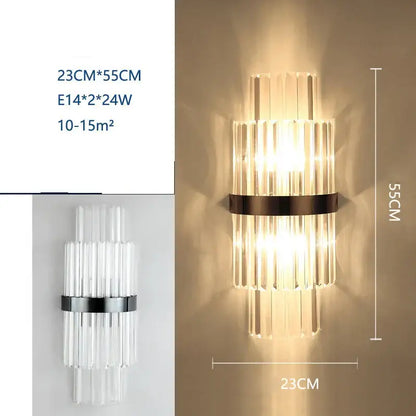 Modern black and crystal wall lamp with vertical glass rods and sleek metallic band decorbites crystal wall lamp for living room