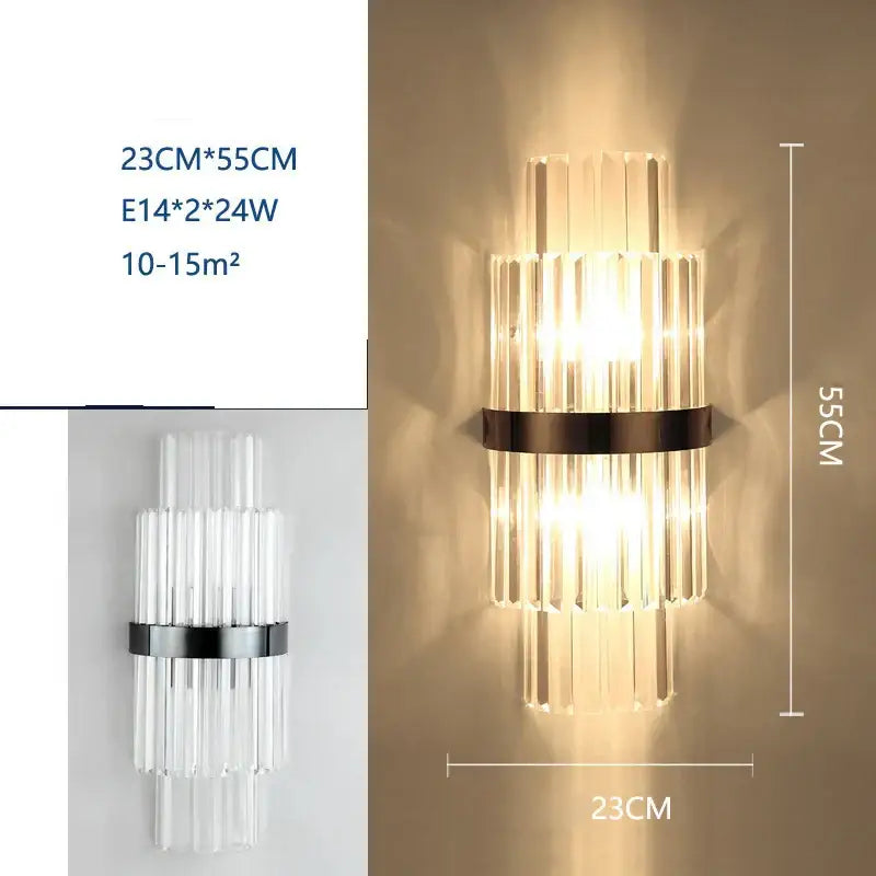 Modern black and crystal wall lamp with vertical glass rods and sleek metallic band decorbites crystal wall lamp for living room