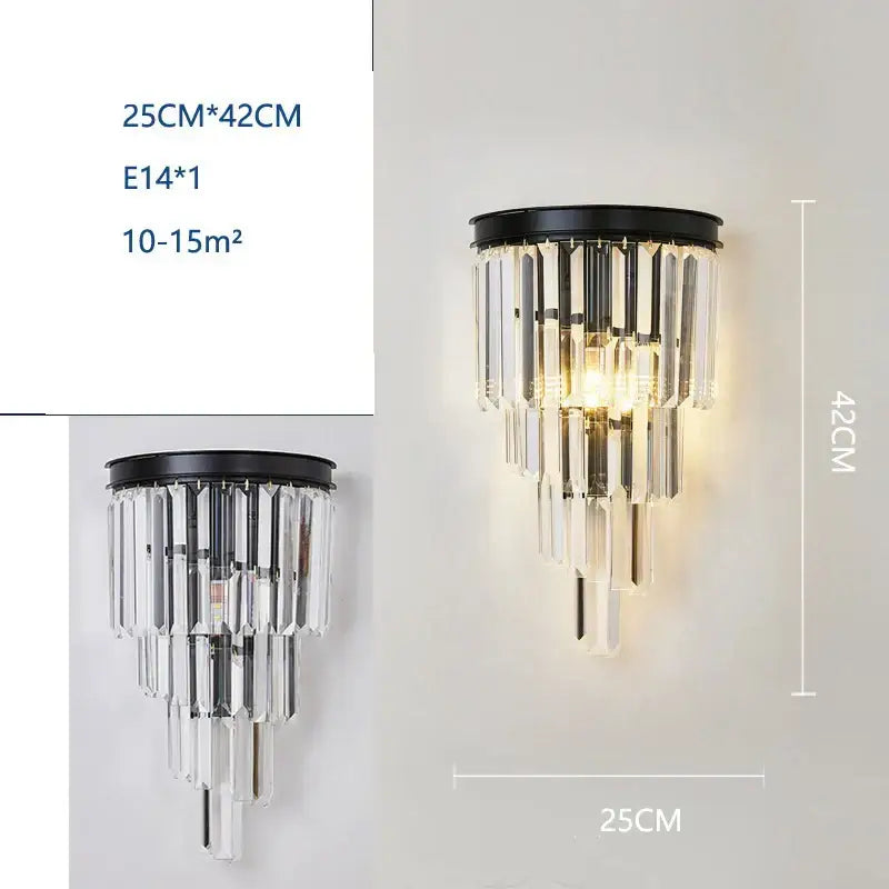 Modern black and crystal wall lamp with clear cascading crystal prisms for living room decorbites crystal wall lamp