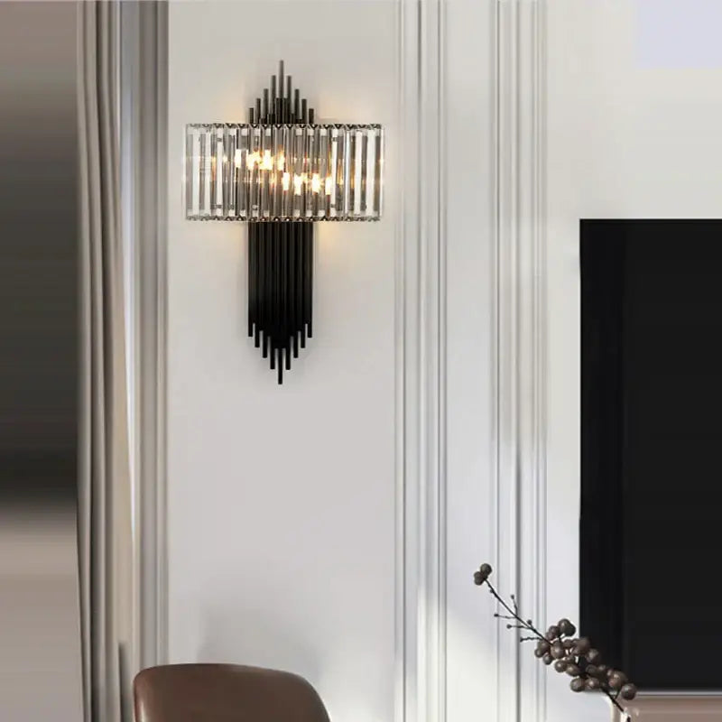 Modern black and crystal wall lamp featuring vertical clear glass rods for living room decorbites crystal wall sconce