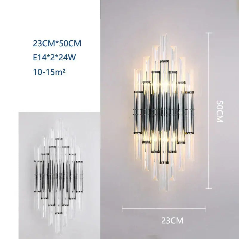 Modern black and crystal wall lamp with clear acrylic rods and chrome frame illuminated by two e14 bulbs for living room decorbites crystal wall lamp