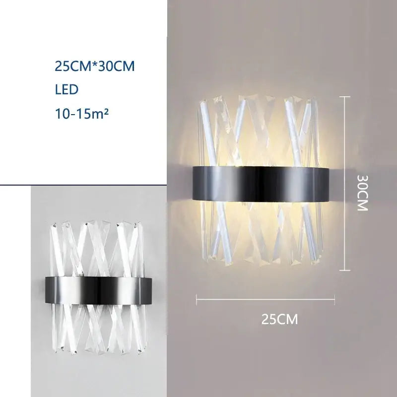 Modern black and crystal wall lamp with sleek metal band and x-patterned crystal rods for living room decorbites crystal wall lamp
