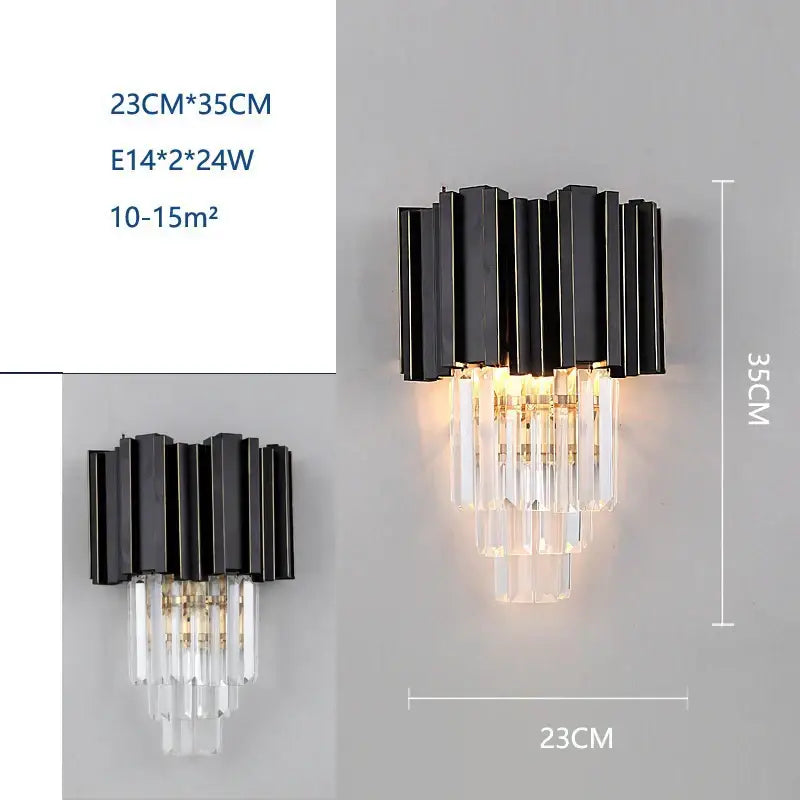 Modern black and crystal wall lamp with tiered vertical bars and cascading glass prisms for elegant living room decorbites crystal wall