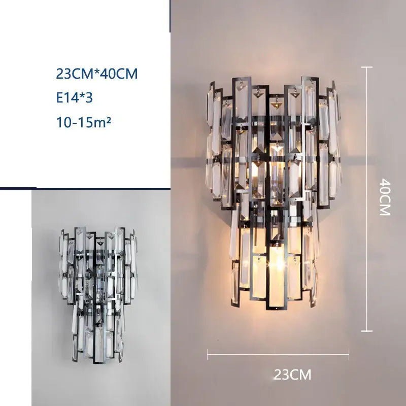 Modern black and crystal wall lamp with sleek metal frame and cascading glass prisms for elegant decorbites crystal wall decor