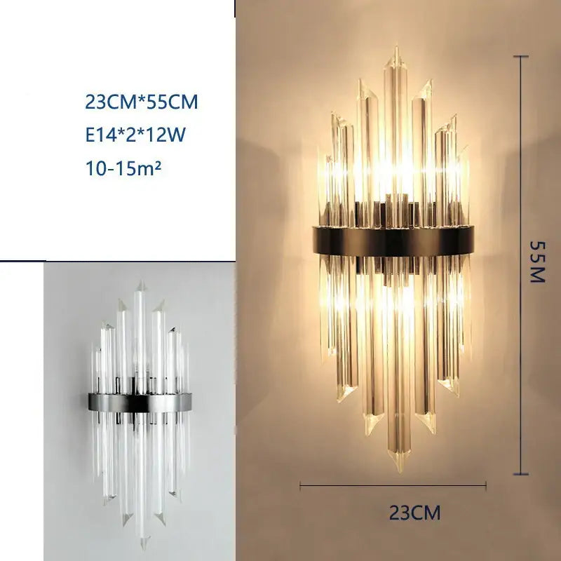 Modern black and crystal wall lamp with sleek metal ring and clear glass prisms for living room decorbites crystal wall lamp