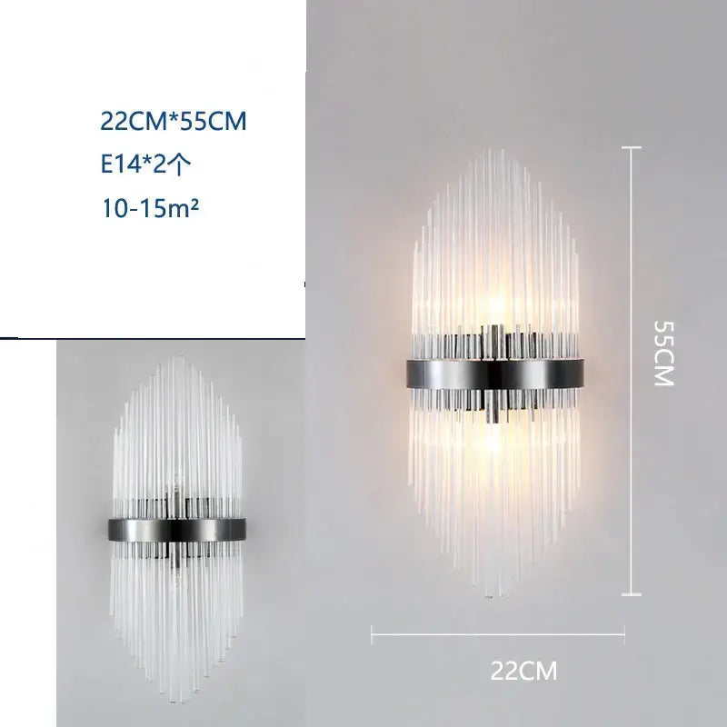Modern black and crystal wall lamp with sleek chrome frame and cascading glass rods for living room decorbites crystal wall lamp