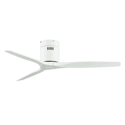 Modern black and dark brown ceiling fan with white sleek wood blades and minimalist motor housing for living room use