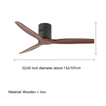 A modern black ceiling fan with three dark brown wood blades and iron motor housing for living room use