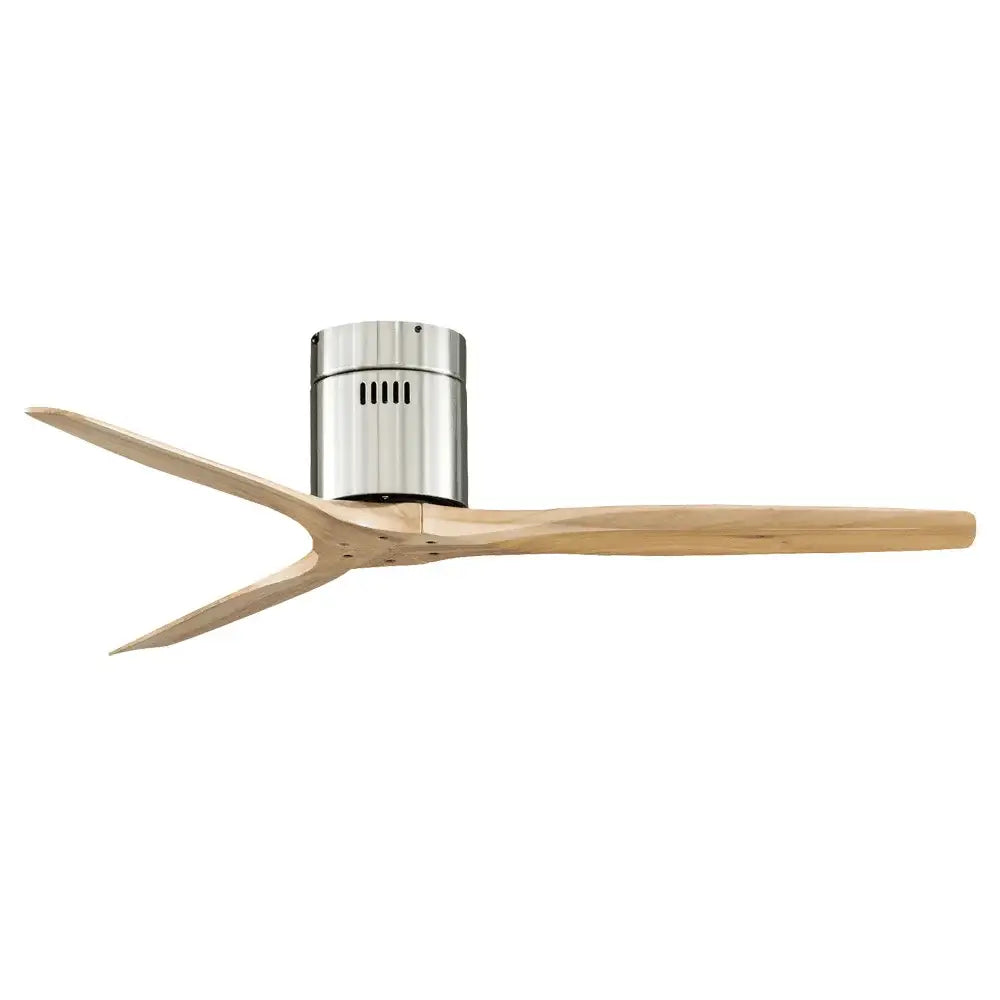 Modern black and dark brown ceiling fan with sleek wood blades and brushed stainless steel motor housing for living room