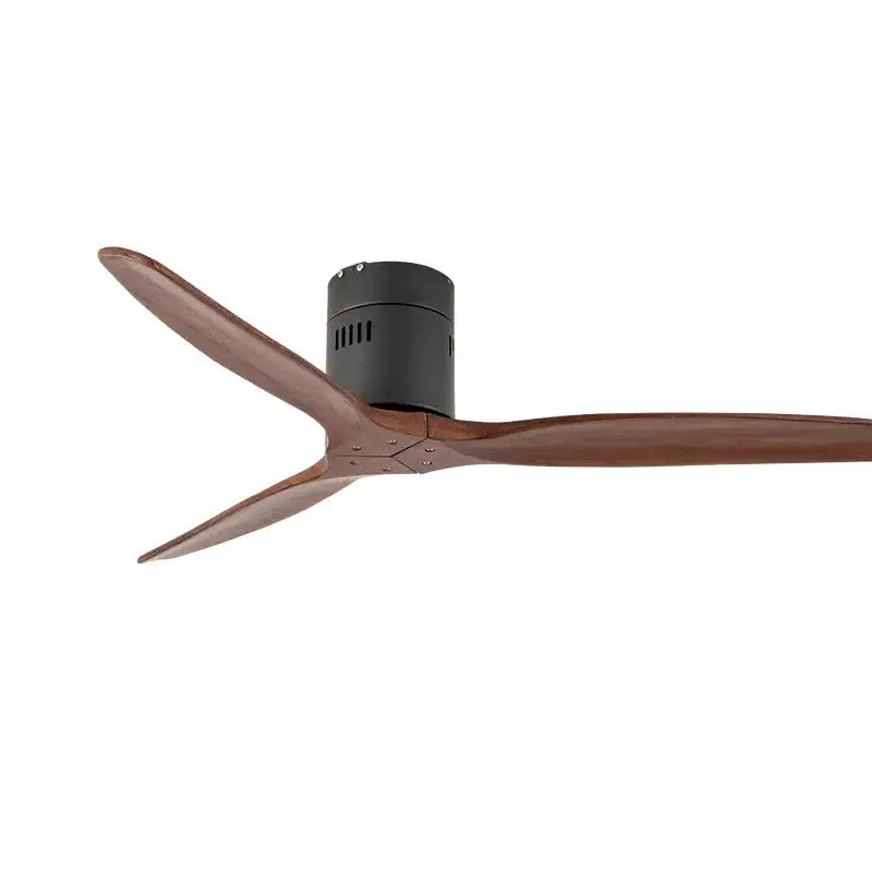 Modern black ceiling fan with three dark brown wood blades and matte black motor housing for living room use