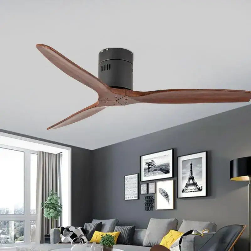 Modern black ceiling fan with three dark brown wood blades and matte black motor housing for living room use