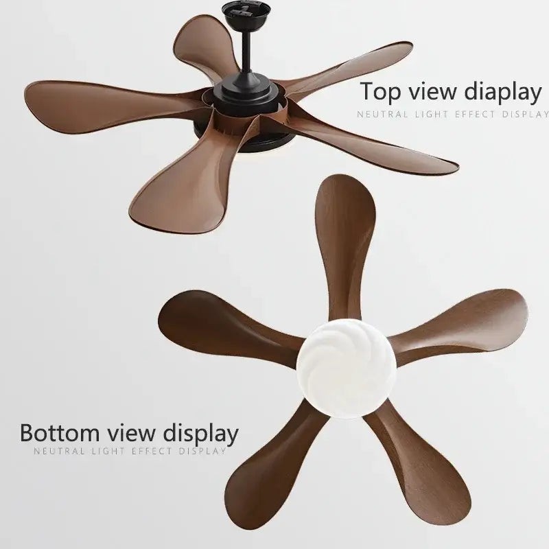 Modern black and dark wood ceiling fan with brown wooden blades, black hub, and white ceiling fan light for living room