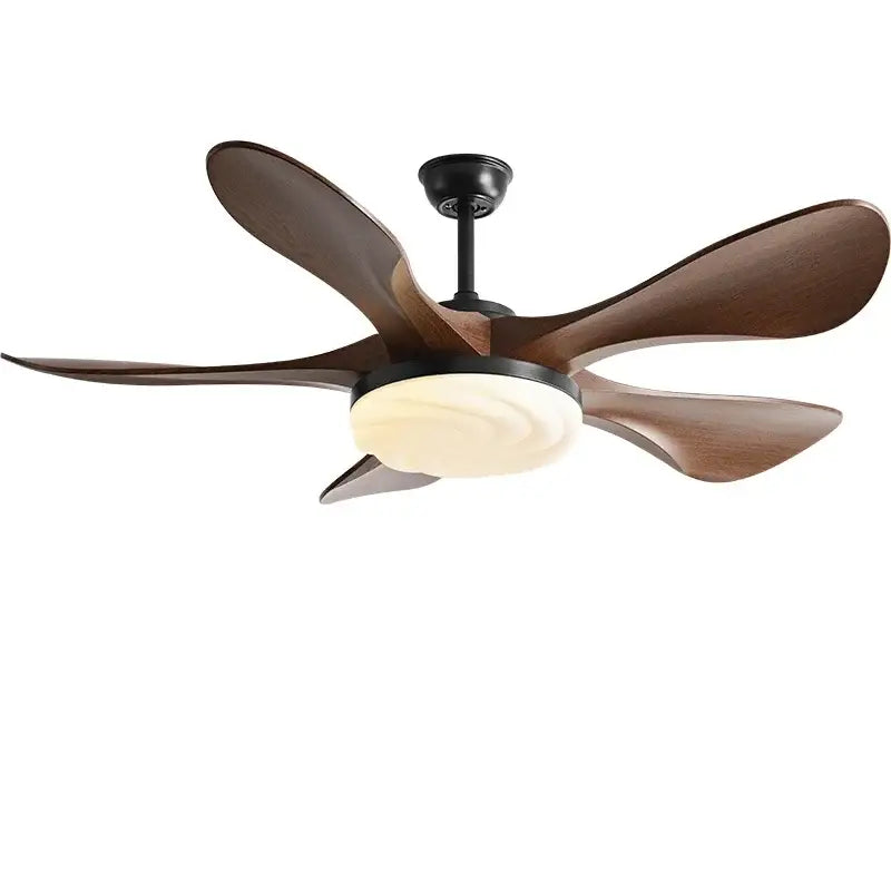 Modern black and dark wood ceiling fan with five wood blades and central frosted glass ceiling fan light for living room