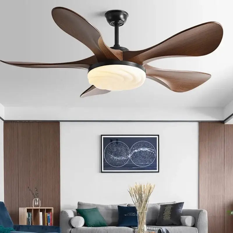 Modern black ceiling fan light with five dark wood blades and integrated warm circular fan light for living room use