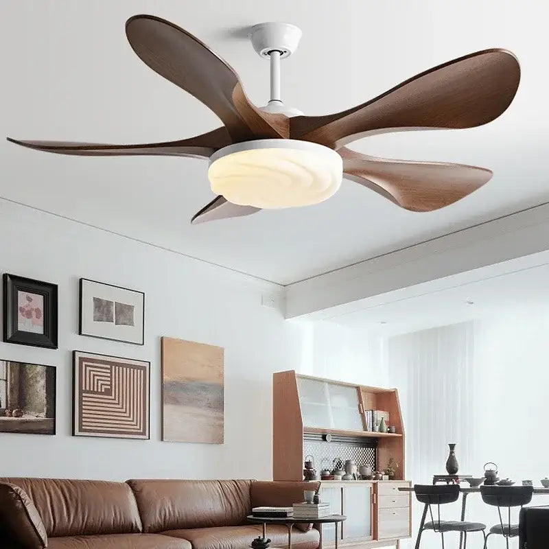 Modern black and dark wood ceiling fan light with five dark wood blades and integrated circular fan light for living room