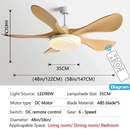 Modern black and dark wood ceiling fan light with five light-colored wooden blades and integrated led lamp for living room