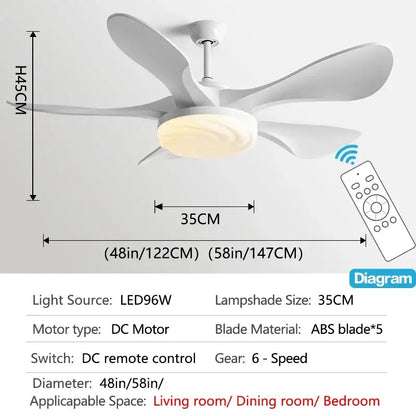 White ceiling fan with five abs blades and circular led fan light for modern black and dark wood living room