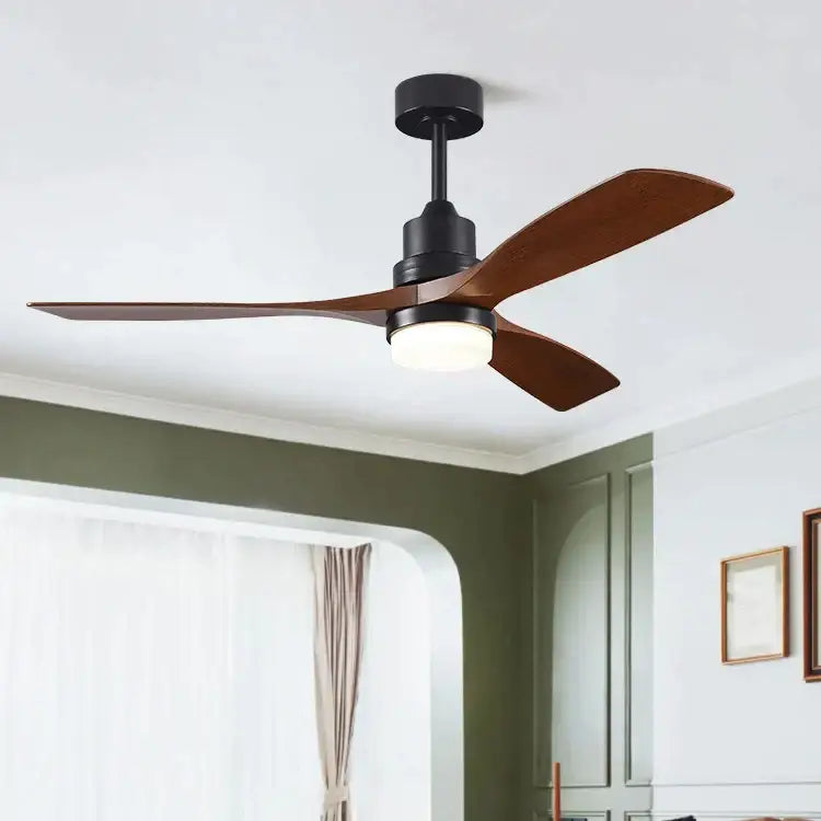 Modern black ceiling fan with three dark wood blades and integrated 18w led light for bedroom use