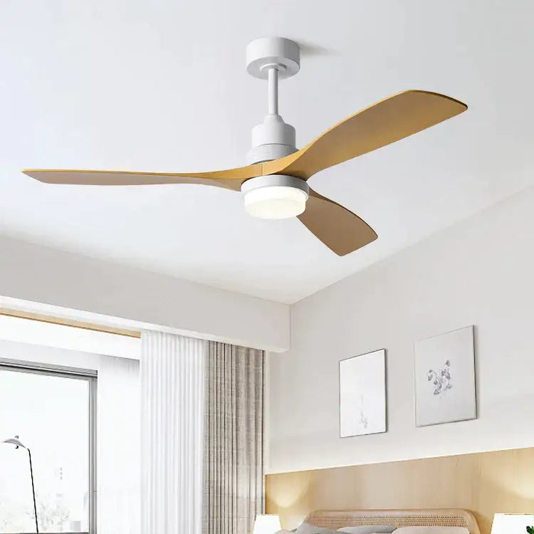 Modern black and dark wood ceiling fan with three light wood blades and integrated 18w led light for bedroom use