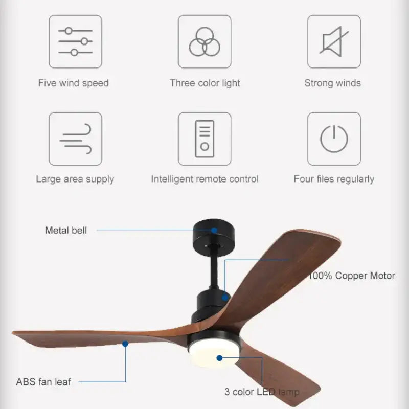Modern black ceiling fan with dark wood abs blades and integrated 18w led light for bedroom use