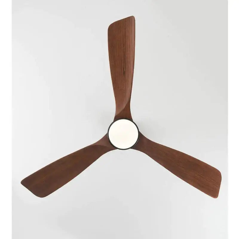 A modern black and dark wood ceiling fan with three blades and an 18w led light for bedroom use