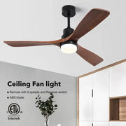Modern black ceiling fan with three dark wood abs blades and integrated 18w led light for bedroom use