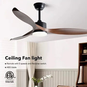 Modern black and dark wood copper dc ceiling fan with sleek motor housing, three blades, integrated led light, and remote control