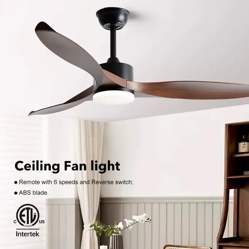Modern black and dark wood copper dc ceiling fan with sleek motor housing, three blades, integrated led light, and remote control