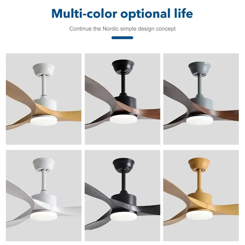 Modern black and dark wood copper dc ceiling fan with sleek curved wooden blades and remote control for living room use