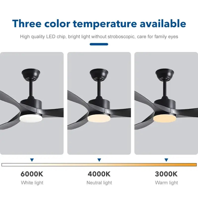 Modern black and dark wood copper dc ceiling fan with three adjustable led light settings and remote control