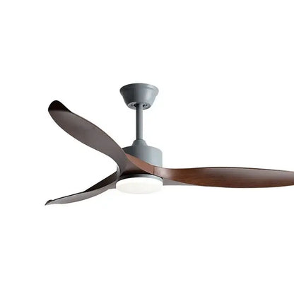Modern black and dark wood copper dc ceiling fan with three blades, integrated light, and remote control for living room use