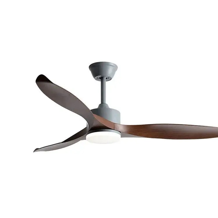Modern black and dark wood copper dc ceiling fan with three blades, integrated light, and remote control for living room use