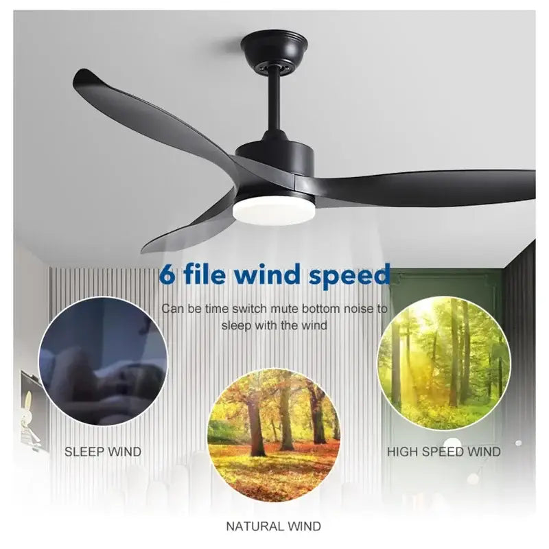 Modern black ceiling fan with three sleek blades and integrated led light featuring remote control copper dc ceiling design