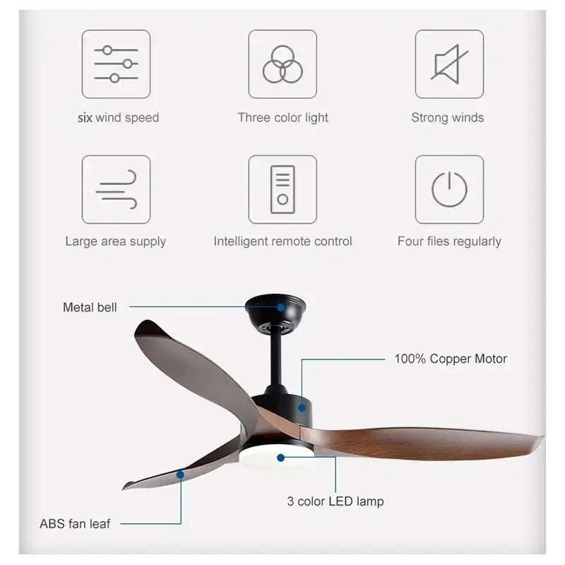 Modern black and dark wood copper dc ceiling fan with sleek dark brown abs blades and integrated 3-color led lamp remote control