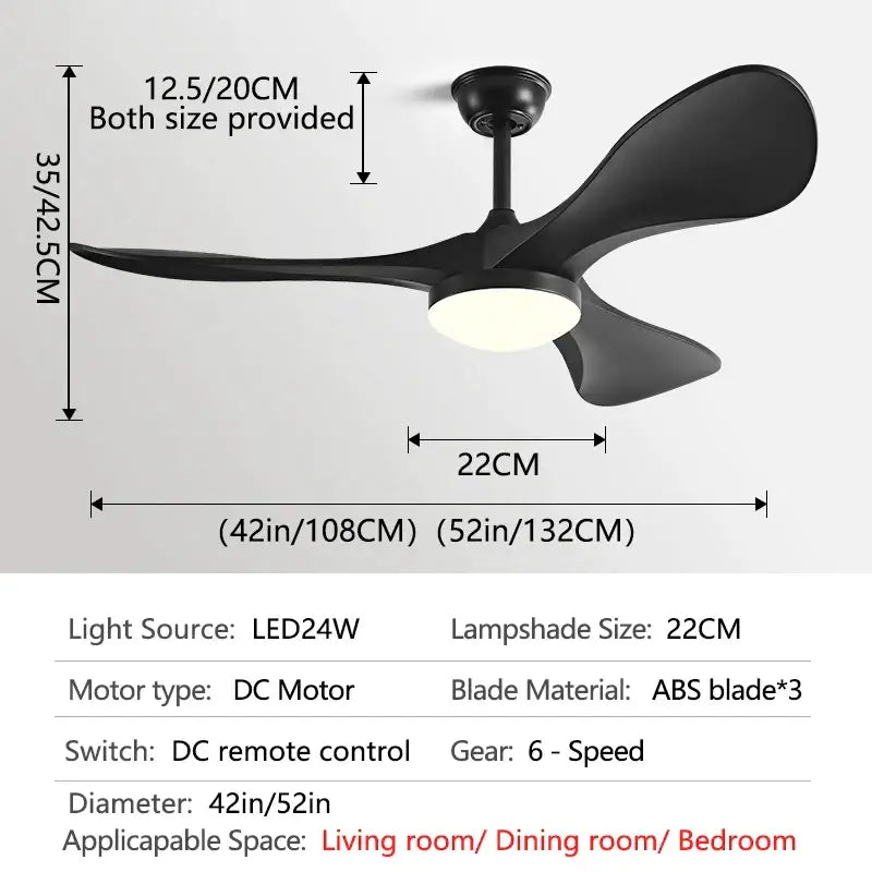 Modern black and dark wood ceiling fan with black abs blades and integrated led light for living room use