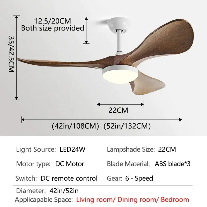 Modern black and dark wood led ceiling fan with three wooden blades and integrated white led light for living room