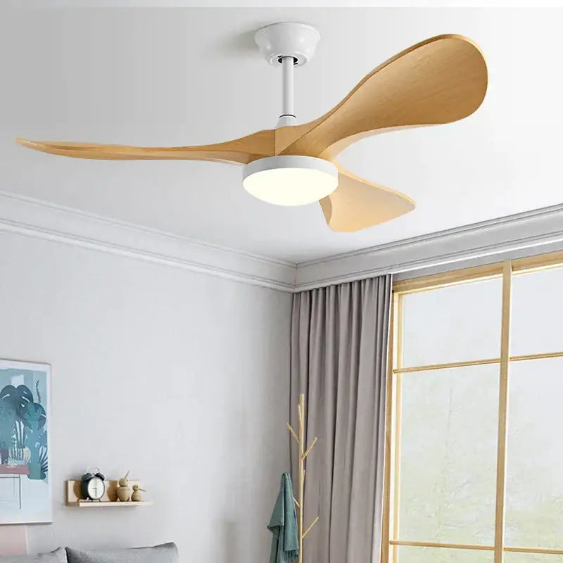 Modern led ceiling fan with three light-colored wooden blades and white housing for living room lighting