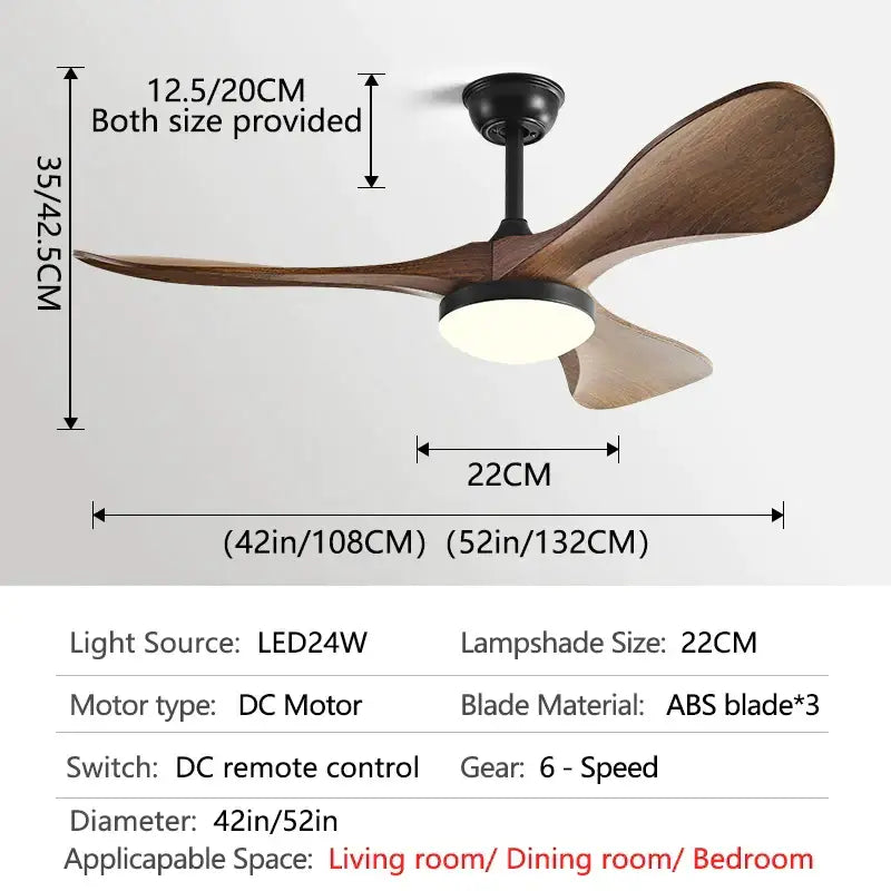 Modern black and dark wood led ceiling fan with three dark brown abs blades and integrated led light for living room