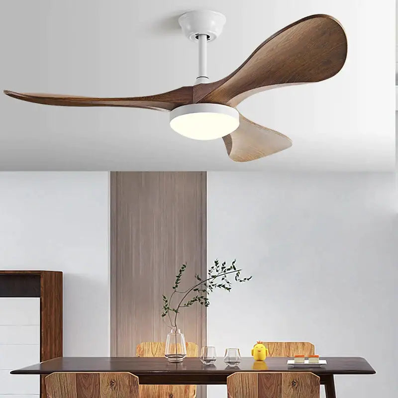 Modern black and dark wood led ceiling fan with three sleek blades and white housing for living room lighting