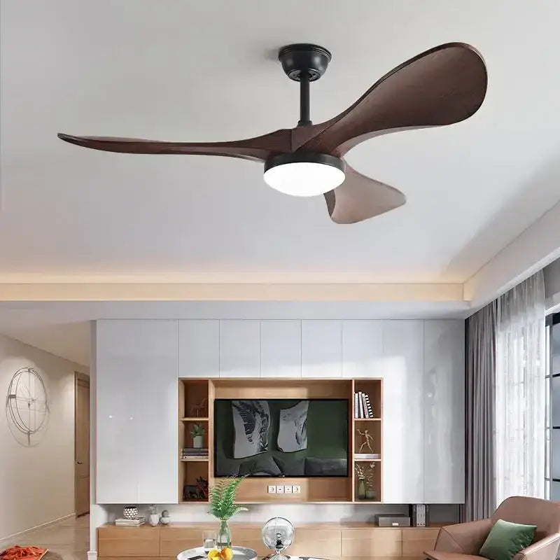 Modern black and dark wood led ceiling fan with three blades and integrated circular light for living room use