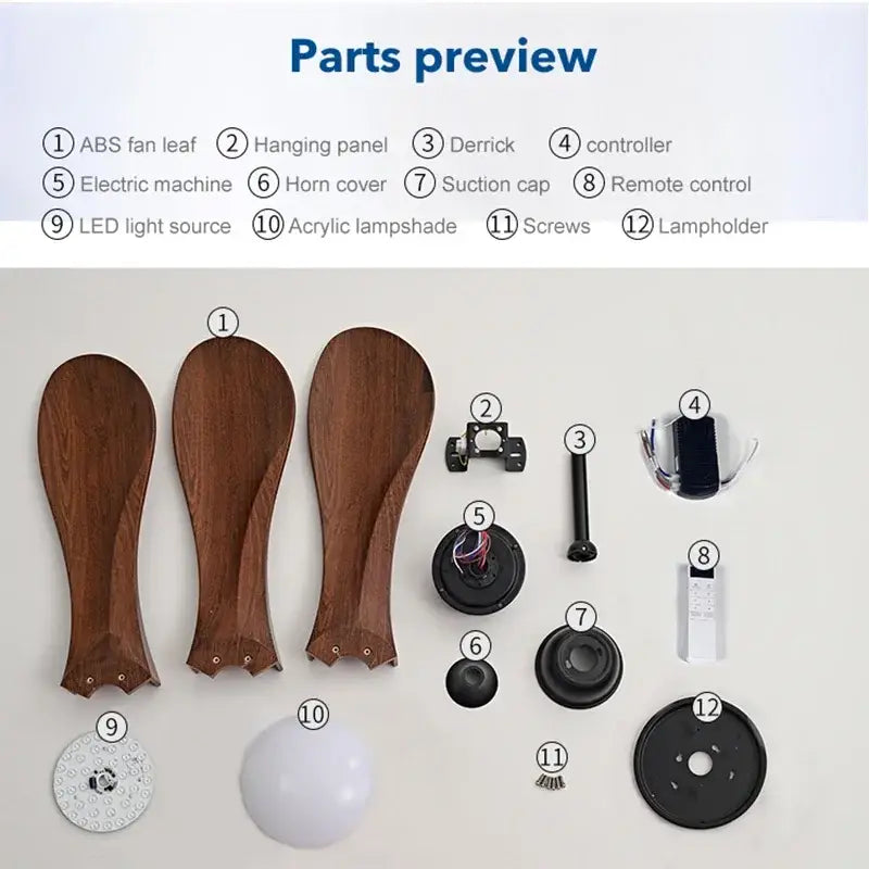 Modern black and dark wood led ceiling fan with wooden abs fan leaves featuring a smooth dark brown finish and curved design