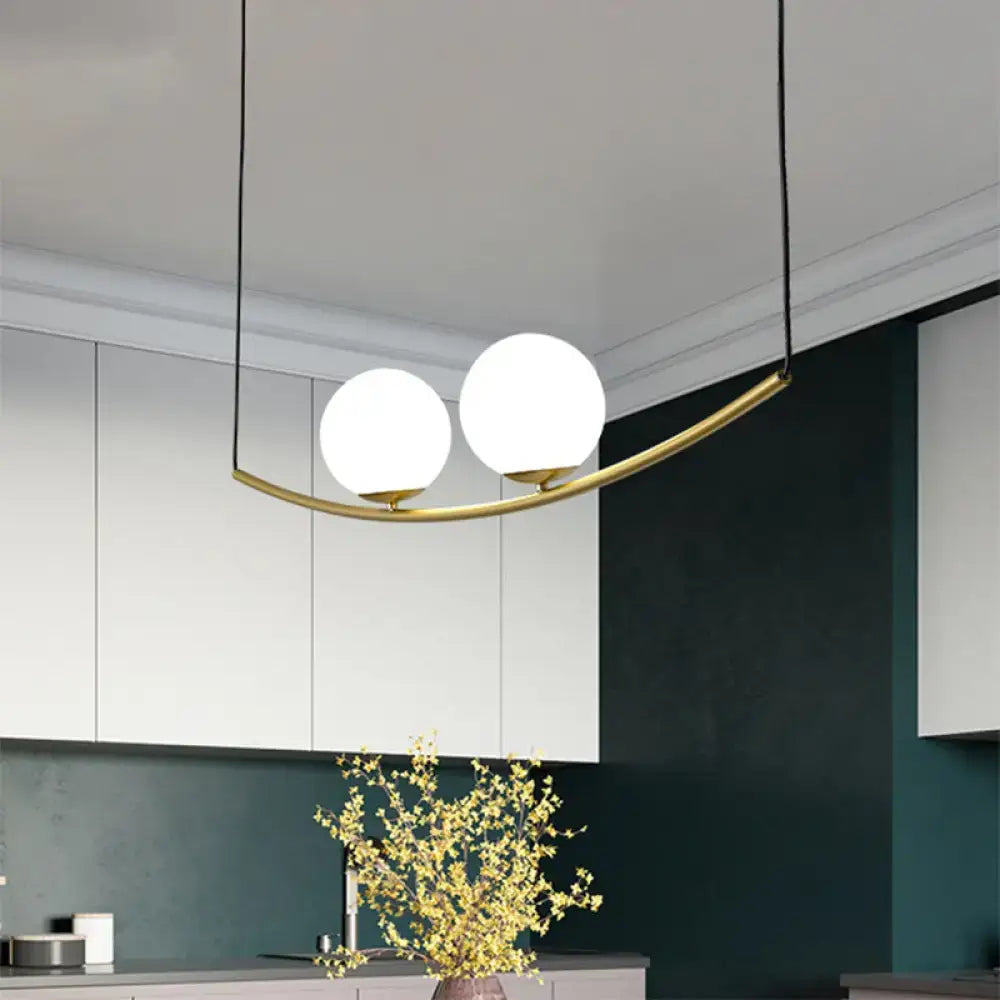 Decorbites modern metal chandelier with black gold curved arm and two white glass globes bubble island light