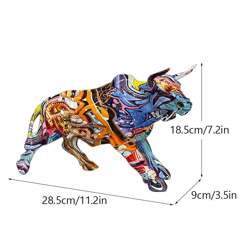 Modern black and gold decorbites bull statue with vibrant orange blue and purple graffiti-style swirls for living room decor