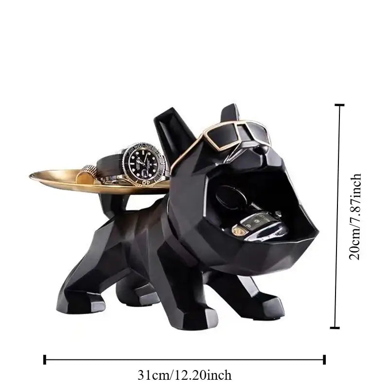 Modern black glossy resin bulldog butler tray with gold trim and open mouth cavity for home decor storage
