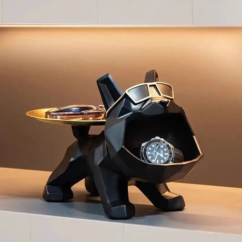 Modern black and gold geometric bulldog butler tray with sunglasses and golden tray for home decor and storage