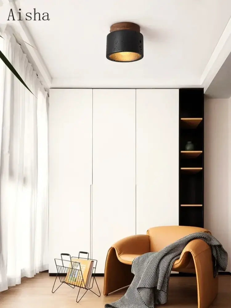 Modern black and gold cave stone ceiling chandelier with warm gold interior and wooden top for kitchen decorbites cave stone