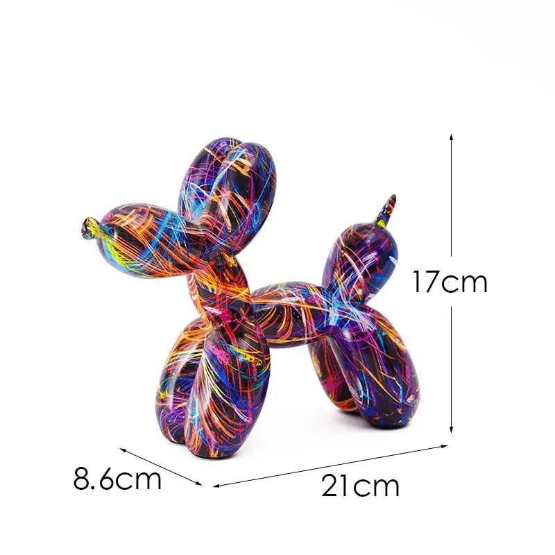 Vibrant glossy balloon dog sculpture with swirling neon purple blue orange and pink lines for modern living room decor